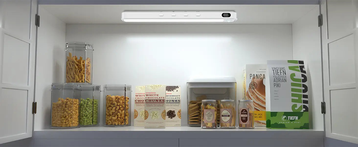 White led under-cabinet light bar with motion sensor and digital display shown from the front.