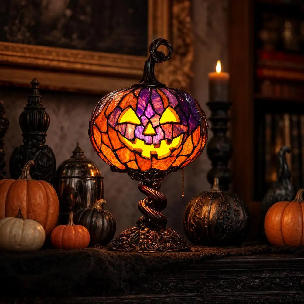 Halloween Night Light Shining Ghost Bat Pumpkin Desk Lamp Resin Craftsmanship Creativity Retro Stained Glass Decorative Lamp