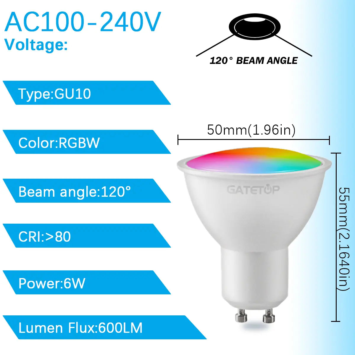 led bulb gu10 with rgbw color capability and 120-degree beam angle in a dimmable color changing spotlight design