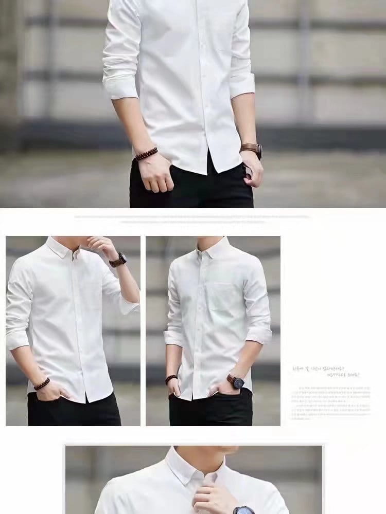 Men’s durable white long-sleeved button-down work shirt with a classic collar and rolled cuffs.