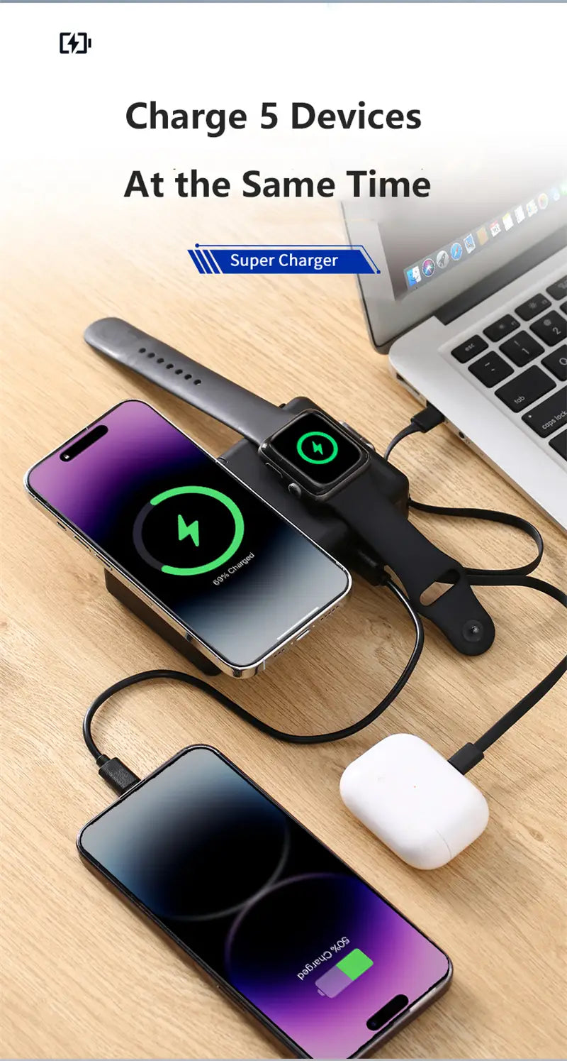 black magnetic wireless power bank 20000mah with sleek fast charging design and multiple slots for five devices.