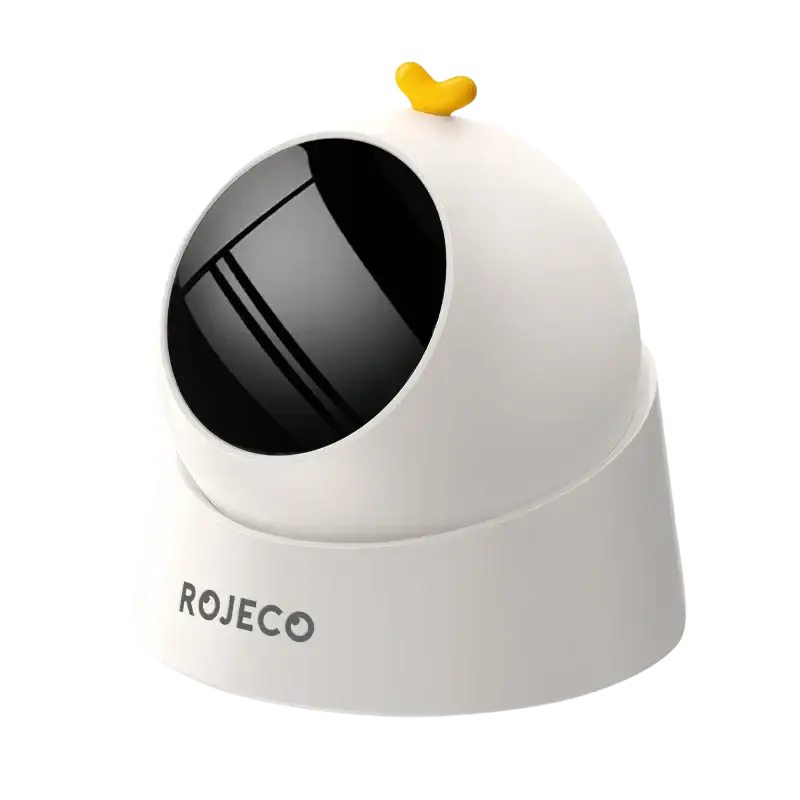 White rojeco dome interactive laser cat toy with yellow heart-shaped accent viewed from the front