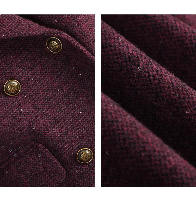 Deep burgundy wool blend double breasted blazer with subtle speckled texture and gold toned decorative buttons.