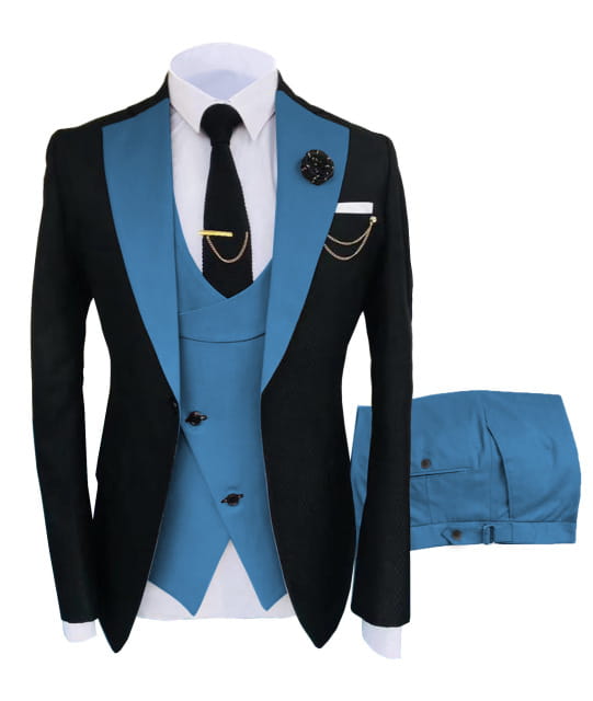 Slim fit men 3-piece tuxedo suit in black and teal with satin lapels, matching vest, trousers, and button closure type designed for business and wedding occasions, happy shopping.