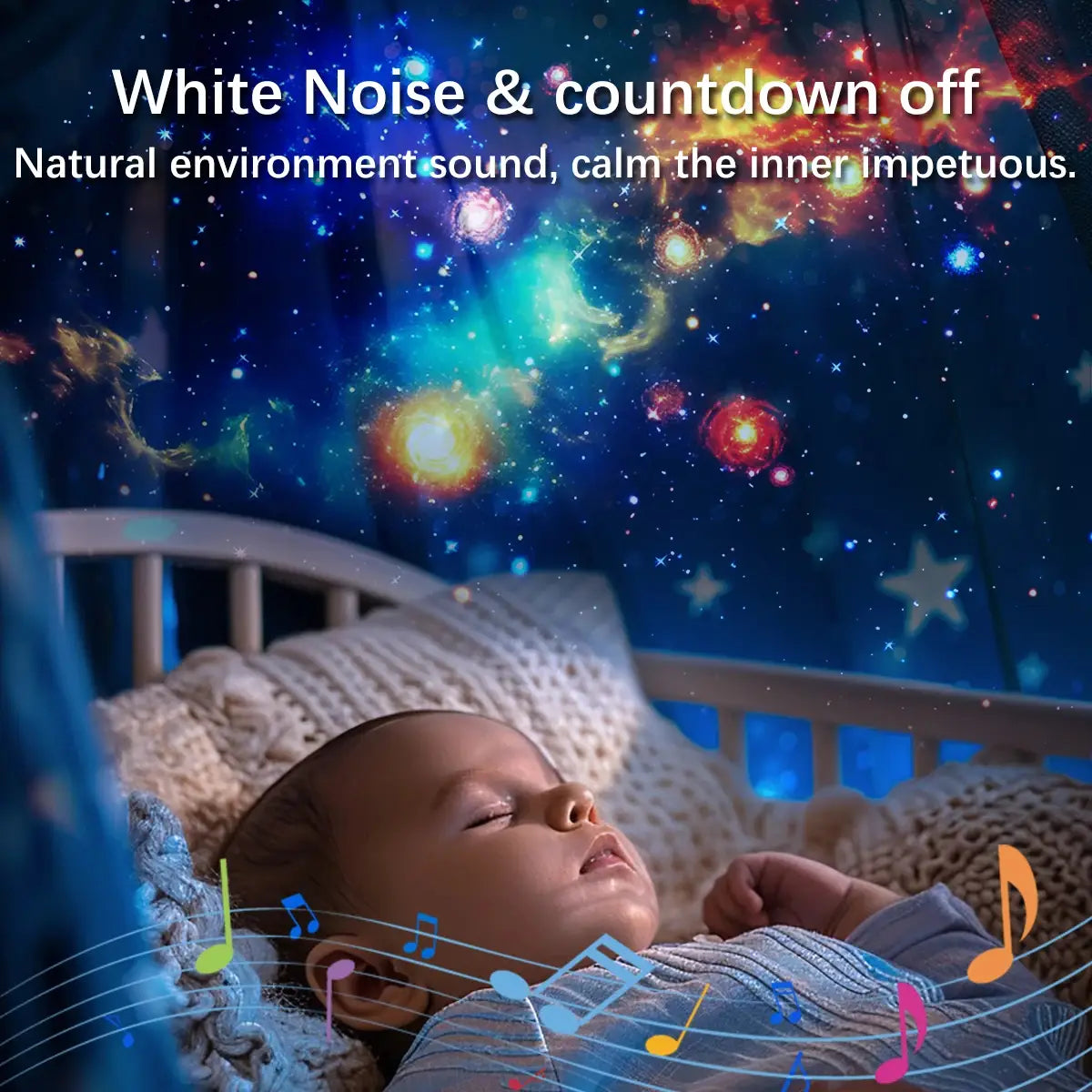 Ein Galaxy-Projektor „Pro“ mit weißem Rauschen und Planetenscheiben, der lebendige blaue und violette kosmische Galaxy-Muster über ein schlafendes Baby in einem dunklen Raum wirft