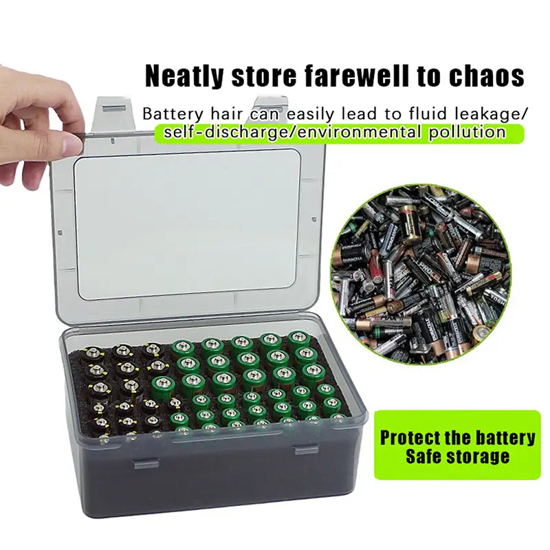 Battery storage organizer holder for 54 batteries featuring a transparent plastic body with a gray lid and black base designed to safely store 36 green-capped aa batteries in an orderly fashion.