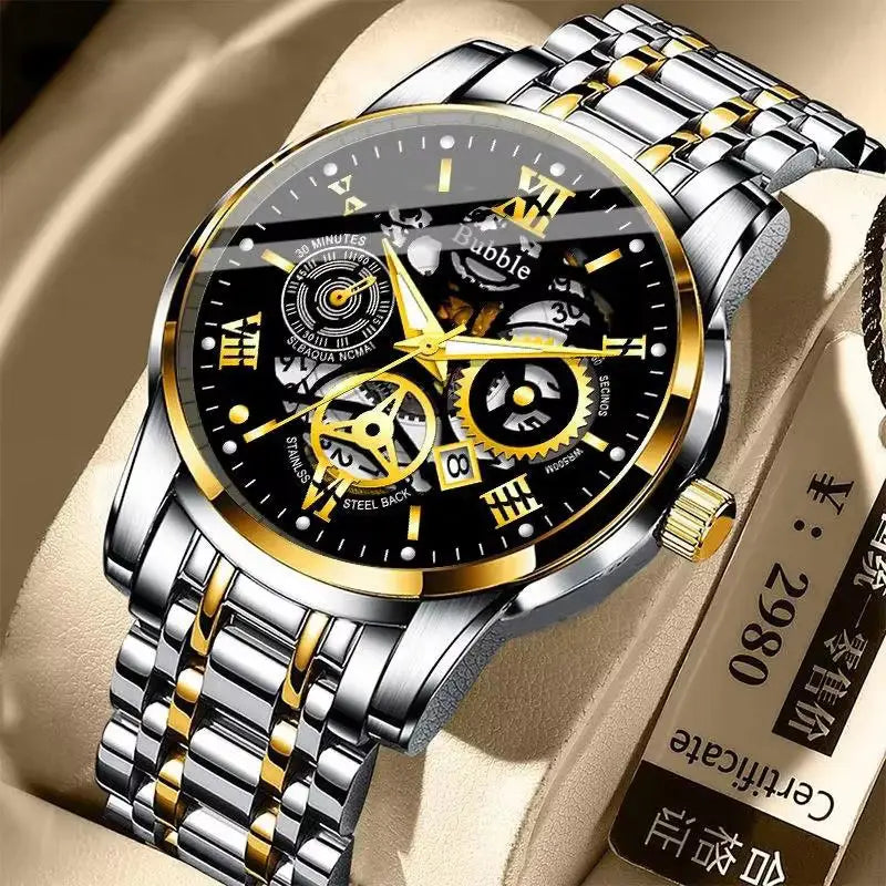 A sleek two-tone stainless steel and gold uthai men quartz skeleton watch with a black dial featuring roman numeral markers and exposed mechanical gears.