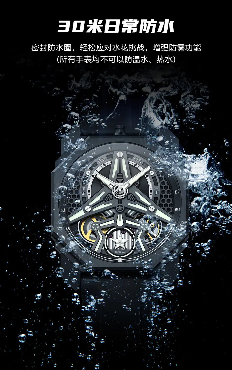 Black octagonal automatic skeleton mechanical watch for men with a skeletonized dial featuring exposed gears and a central star-shaped motif.