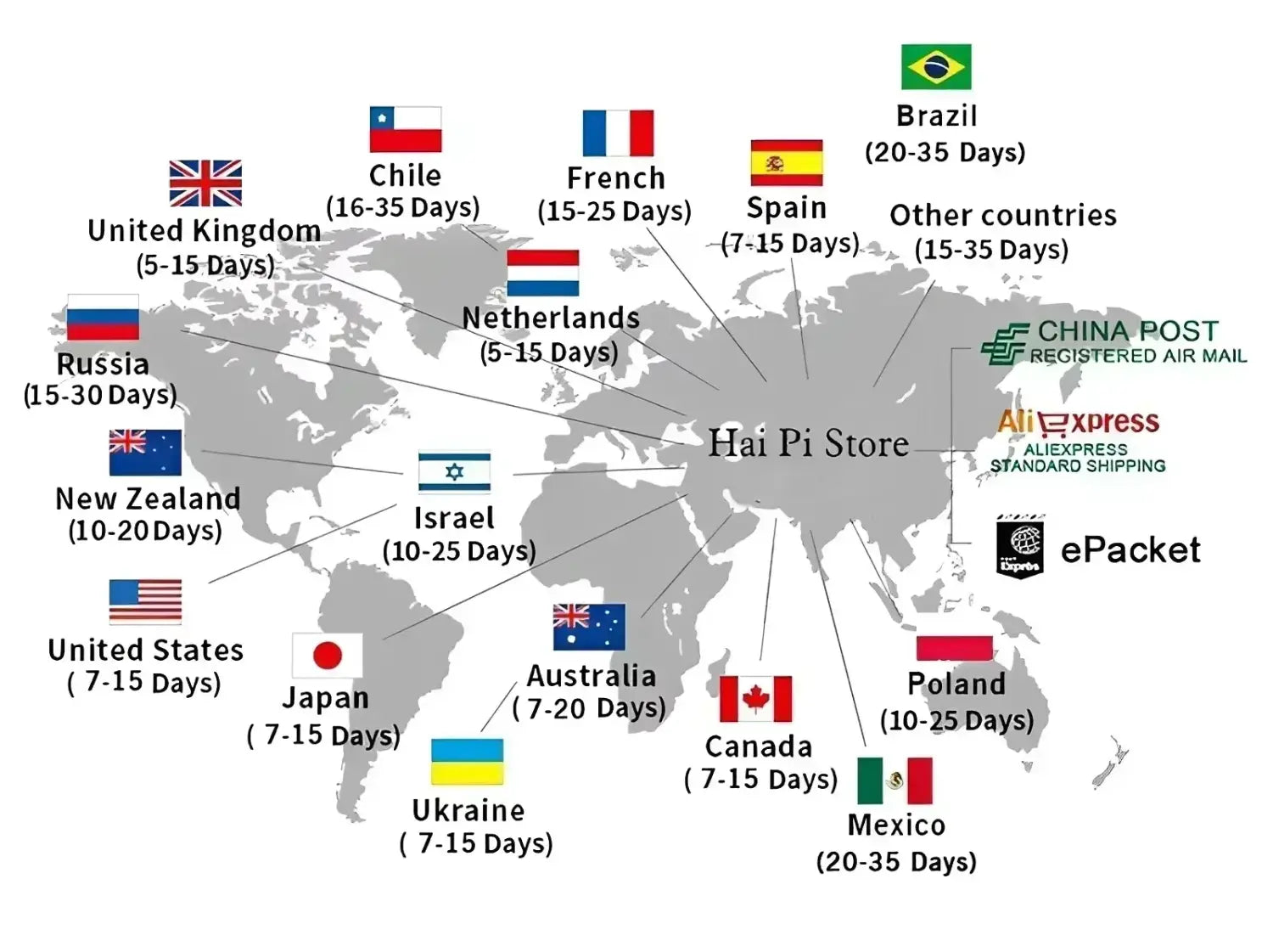 Gray world map graphic displaying shipping times to various countries from the Hai Pi store for the men activewear pullover hoodie sweatshirt.