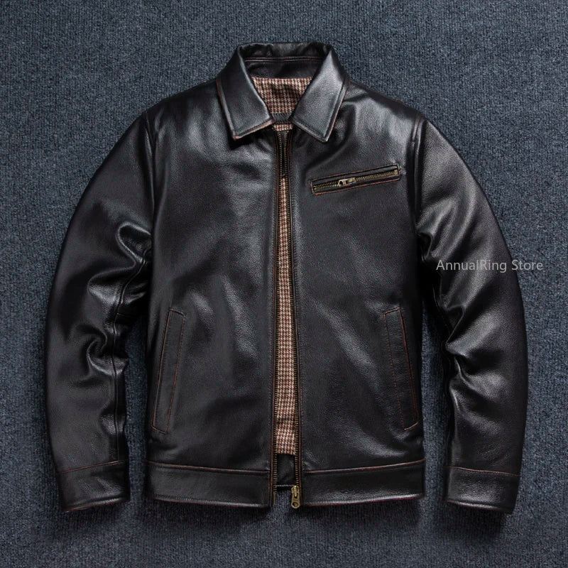 1930s Tooling Leather Jacket Men's First Layer Cowhide Business Genuine Leather Jacket Tea Core Cowhide Jacket Lapel
