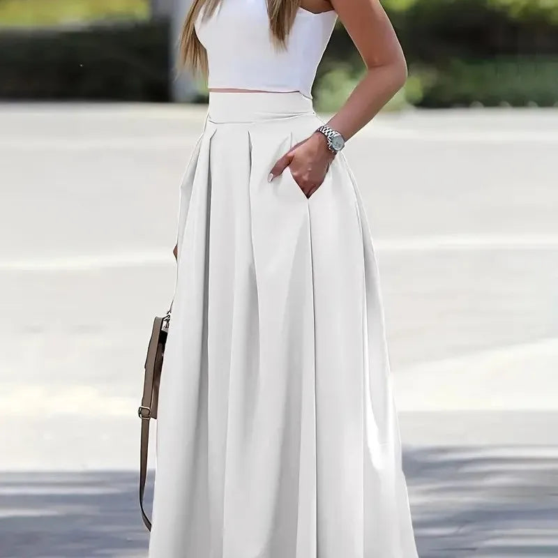 Long Skirts For Women Spring Summer High-waist Solid Color Long Skirt Women's Pocket Commuting A-line Pleated Fashion Long Skirt