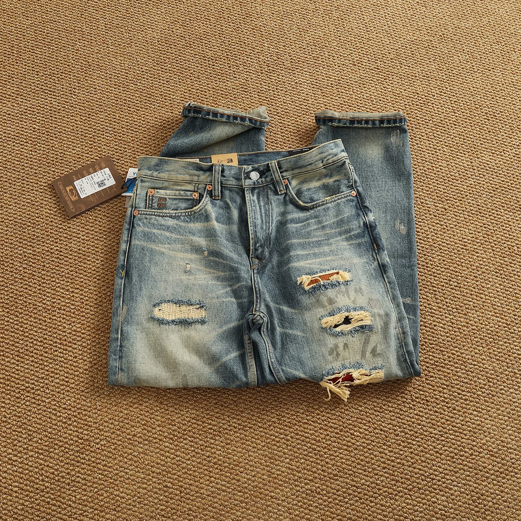 High Quality Heavyweight Denim Pants Men's High Street Trendy Patch-Distressed Whiskering Artisan Washed Tapered Straight Jeans