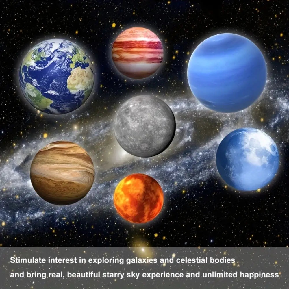 A vibrant digitally rendered illustration of six planets including earth with blue oceans and green landmasses, jupiter with swirling brown bands, a saturn-like gray moon, a fiery orange-red venus-like planet, two blue gas giants, and a striped planet featured in the galaxy projector led night light.