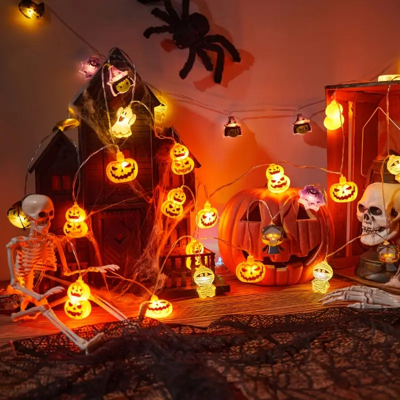 Halloween led string lights featuring orange glowing pumpkin shaped casings with carved jack o lantern faces for spooky seasonal decor.