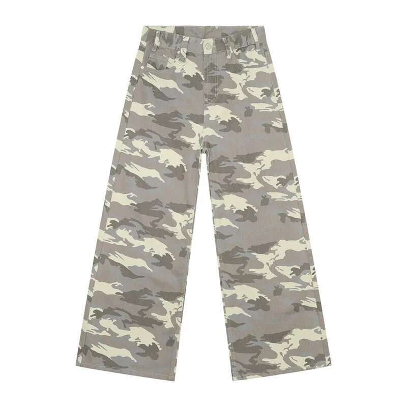 Iefb camouflage wide leg denim jeans in gray and beige camouflage pattern with a wide-leg cut.