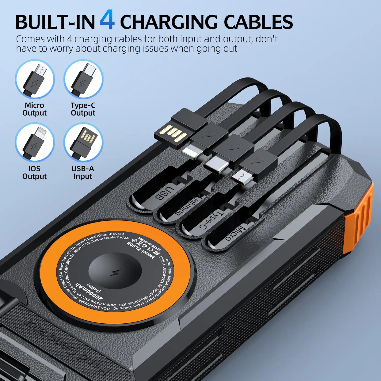 Robuste Solar-Powerbank in Schwarz und Orange, 100000 mAh, Handkurbel-Ladegerät mit eingebauten vier Ladekabeln für verschiedene Eingangs- und Ausgangsanschlüsse.
