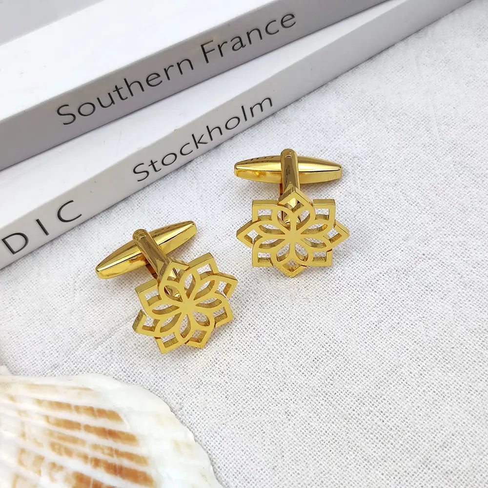 Stainless steel floral cufflinks for men featuring a gold-toned, intricately cut floral pattern with a polished metallic finish.