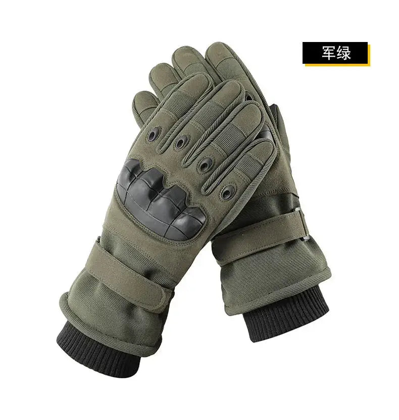 Military green winter motorcycle gloves with black reinforced palm and finger sections, adjustable velcro straps, and ribbed cuffs designed for thermal windproof riding gear.