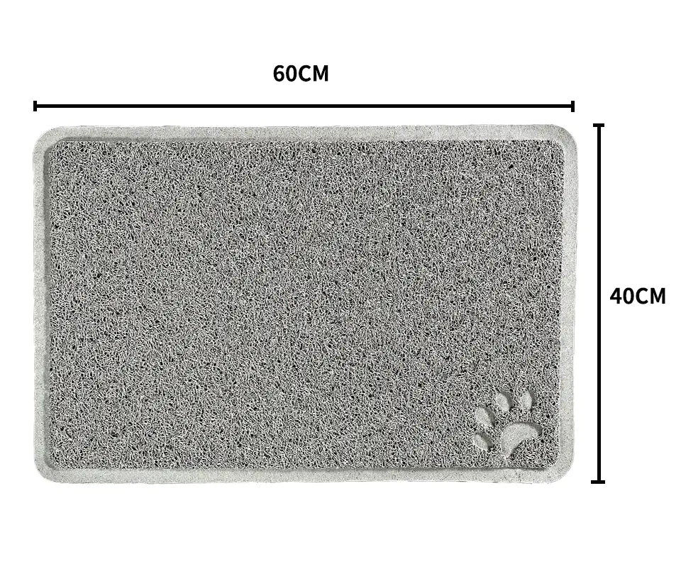Gray rectangular waterproof feeding mat with textured surface and paw print design in the corner, suitable as a litter mat and feeding mat for pets.