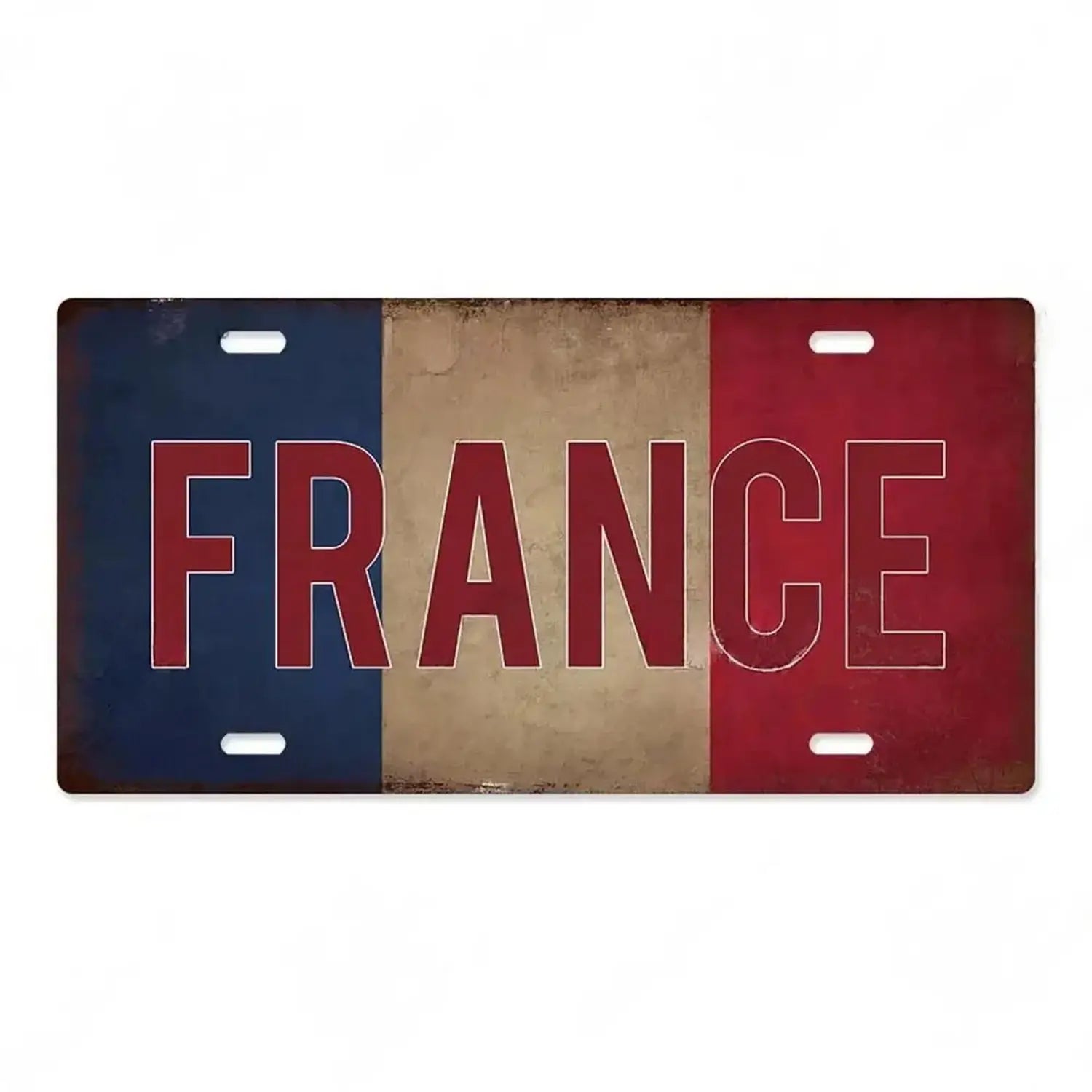 Vintage-style metal wall decor license plate featuring distressed blue white and red vertical stripes with bold red lettering spelling france in a design inspired by the India flag.