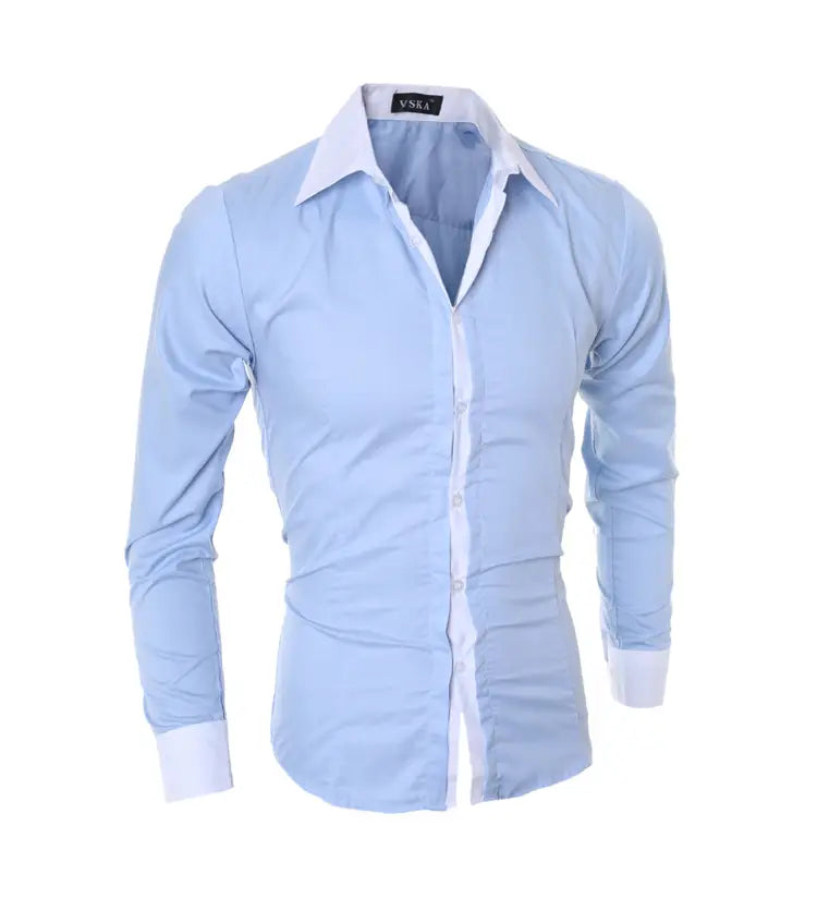 Light blue men slim fit dress shirt with white collar and cuffs suitable for casual wear.