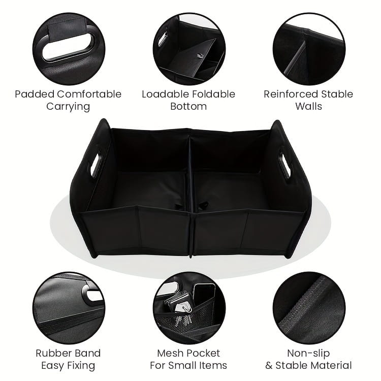 Bolsa organizadora plegable para cajuela de automóvil de color negro, plegable, con paredes reforzadas y bolsillo de malla para artículos pequeños.