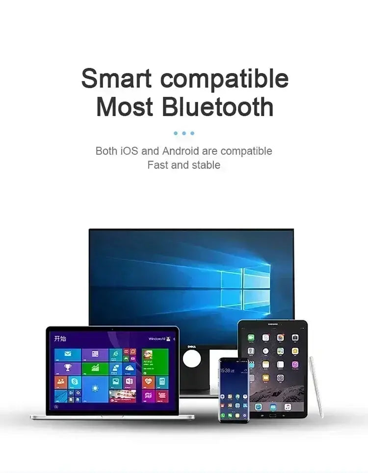 black dell monitor displaying a blue windows 10 desktop screen alongside bluetooth 5.3 tws wireless earbuds with a 280mah charging box and polymer lithium battery highlighting advanced bluetooth version connectivity.