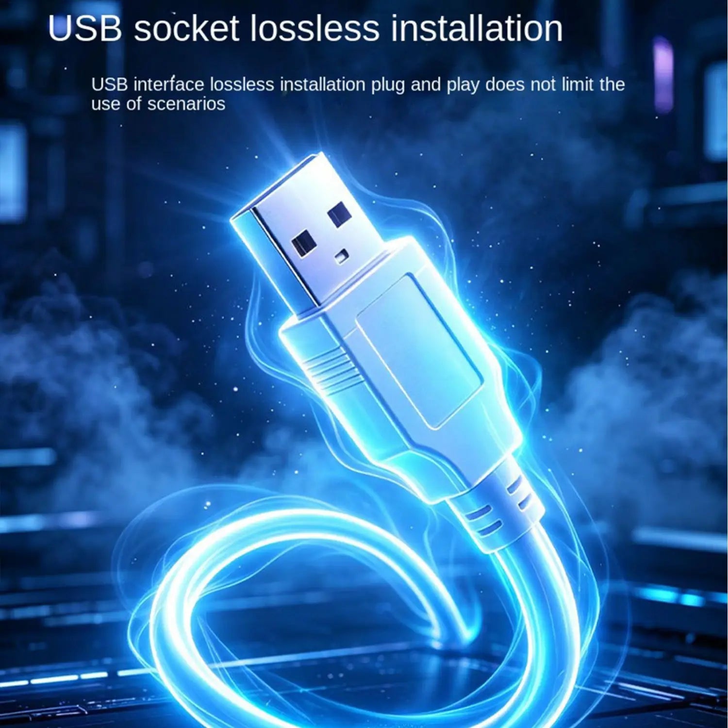 Ein leuchtendes blaues USB-Kabel mit Metallanschluss, ausgelegt für eine mühelose Installation für die Galaxy-Projektor-Nachtlampe mit 24 Folien