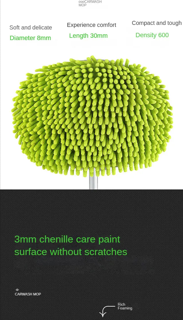 Fregona telescópica para lavado de coches de chenilla con densidad elevada de 3 mm en verde brillante con mango plateado, diseñada para una limpieza eficiente del vehículo.