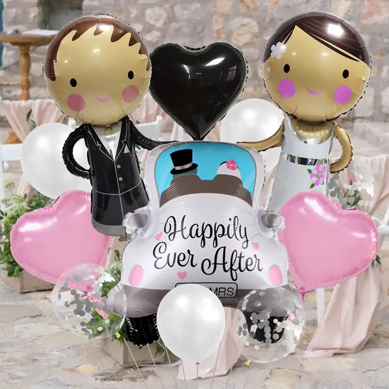 a white car shaped balloon with pink polka dots and a black top hat design featuring happily ever after text for wedding car balloon package couple decor