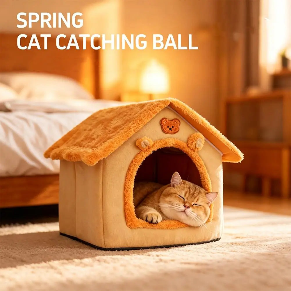 A cozy tan and warm orange plush pet bed 33x32x30cm with a fuzzy roof and bear-themed details designed as a cat cave.