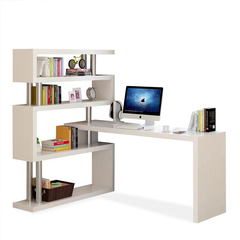 Modern white l shaped computer desk with integrated bookshelf shelving units and silver metal supports.