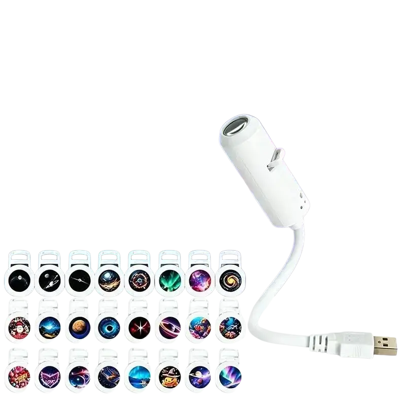 White night light with bendable silicone gooseneck and multiple interchangeable cosmic-themed projection discs visible front view