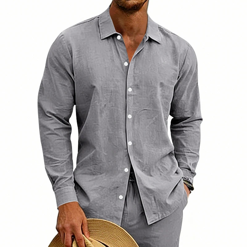 Men beige linen long sleeve casual shirt with gray linen button-down front, classic collar, and white buttons.