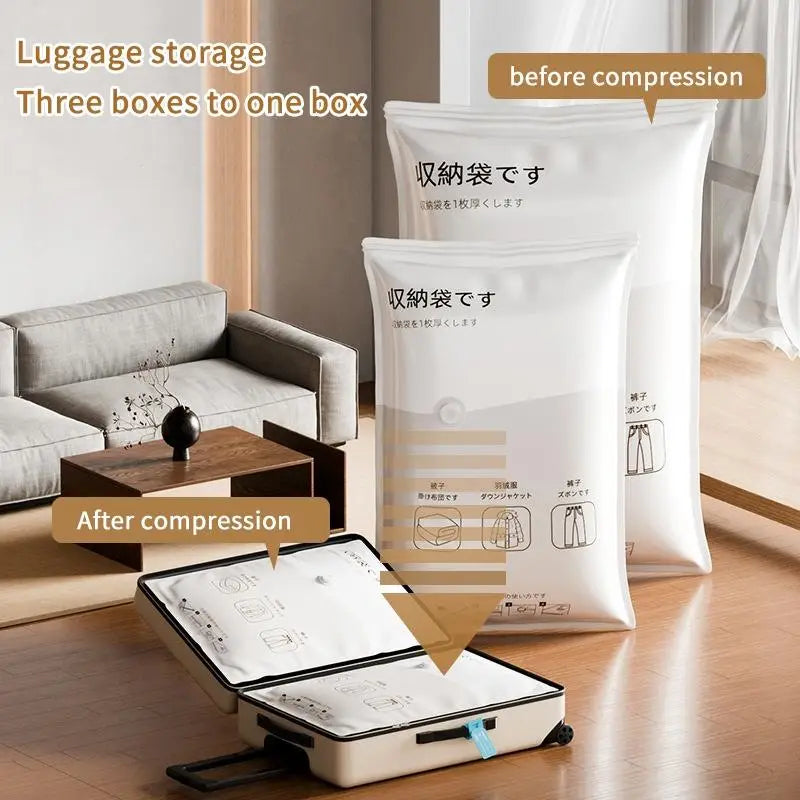 Bolsa de compresión para equipaje al vacío blanca hecha de material compuesto pa+pe, con instrucciones y diagramas impresos en negro, para almacenamiento ahorrando espacio.