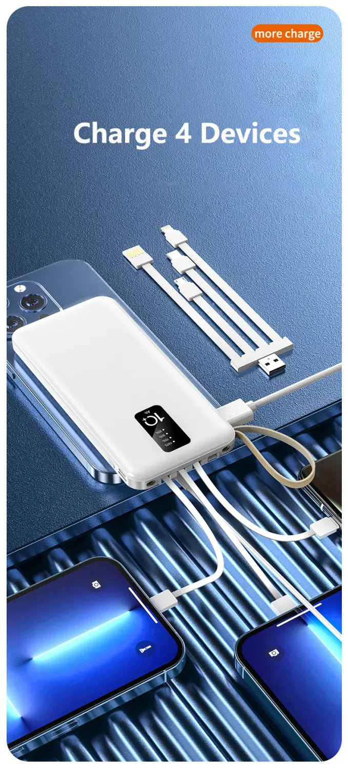 Weiße rechteckige Powerbank mit integrierten Kabeln und digitaler Anzeige zum gleichzeitigen Laden von vier Geräten, kompatibel mit Geräten für eine effiziente Ladung.