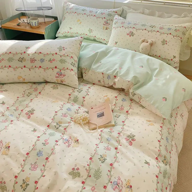 Ins Style Pink Flower Printed Bedding Set Soft Skin-friendly Duvet Cover Set Reactive Dyeing Bed Linens for Girls Bedroom