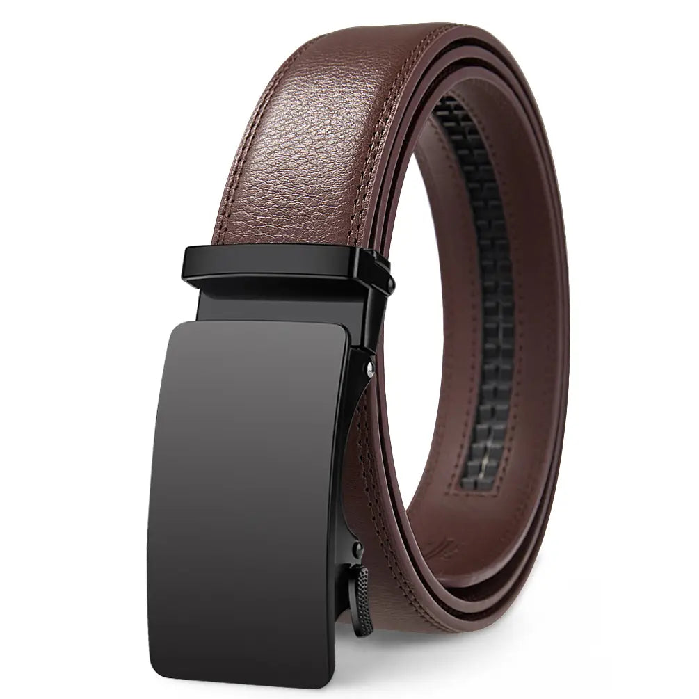 Oyifan ratchet leather belt for men featuring a brown leather strap with a sleek black automatic buckle.