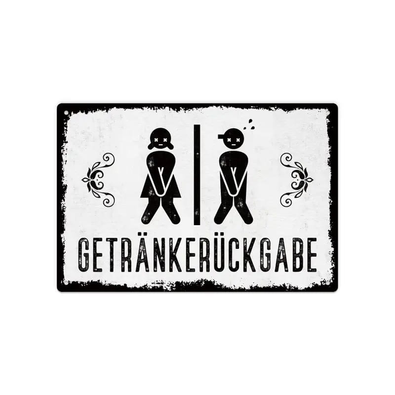 rustikale Vintage-Metall-Wandschild-Dekoration für das Badezimmer in Schwarz und Weiß mit stilisierten männlichen und weiblichen Figuren sowie deutschem Text „getränkerückgabe“ darunter.