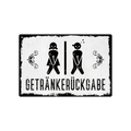 Rustic white metal tin sign with black distressed edges and stylized male female figures above german text for bathroom decor
