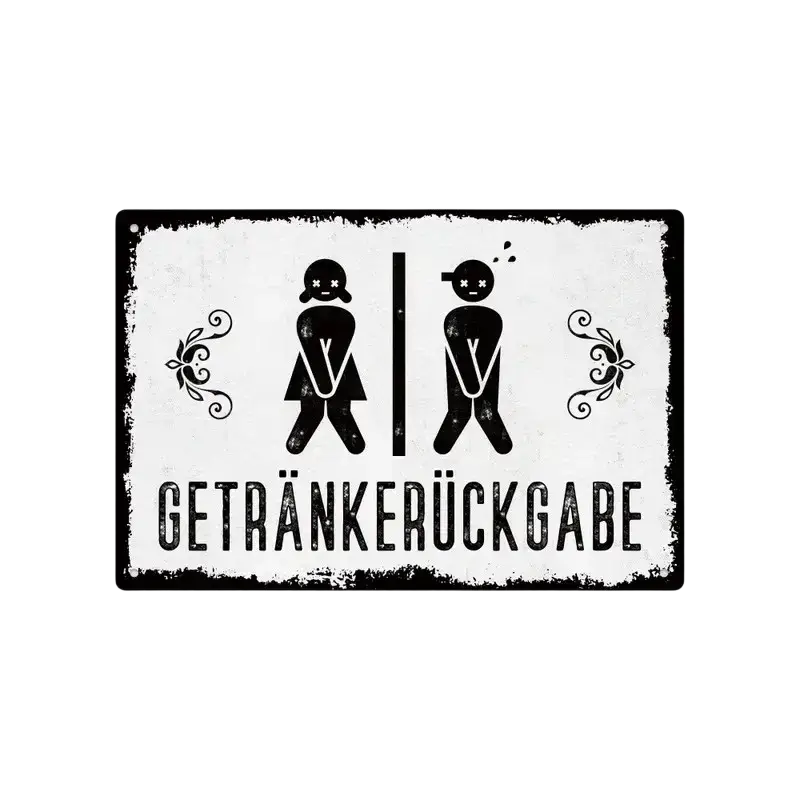 Rustic white metal tin sign with black distressed edges and stylized male female figures above german text for bathroom decor