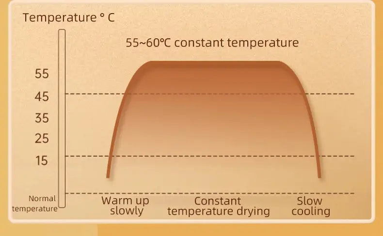 Illustration d’un diagramme de courbe de température pour un sèche-chaussures électrique portable, montrant les phases de montée en température, de régime stable à 55–60 degrés Celsius, puis de refroidissement lent.