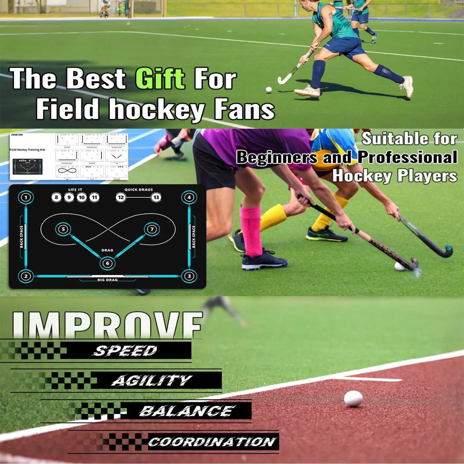 Feldhockey-Trainingsmatte mit schwarzer rutschfester Oberfläche und türkisfarbenen Unterweisungsdiagrammen für Stockführungs-Drills.