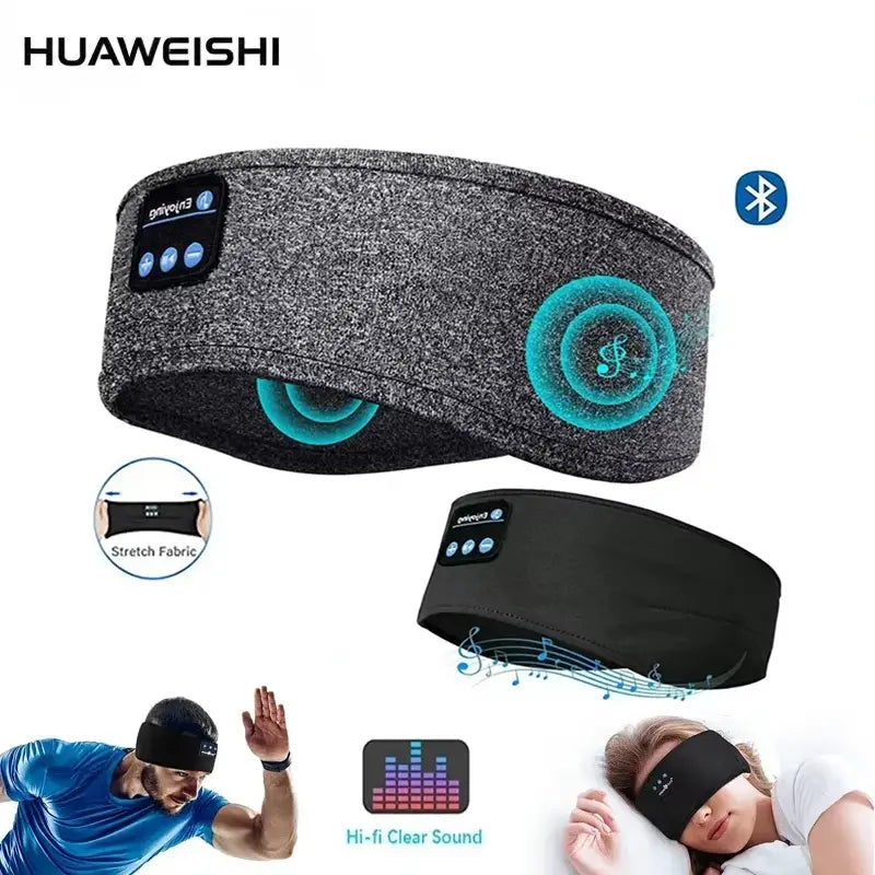Graues strukturiertes Stoff-Bluetooth-Schlafstirnband mit eingebauten kabellosen Sportkopfhörern und Bedientasten in Schwarz.