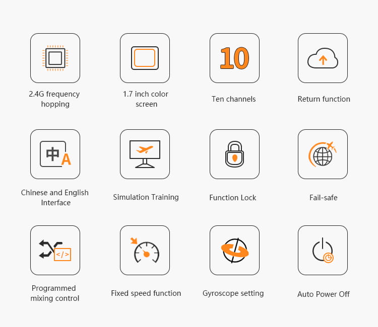 Der Hotrc HT 10A 10-Kanal-Sender mit F 10A-Empfänger verfügt über einen 1,7-Zoll-Farbdisplay mit orangefarbenen und schwarzen Symbolen zur Anzeige von 2,4-GHz-Frequenzsprung, zehn Kanälen, Simulationstraining, Funktionssperre, Fail-Safe, programmierter Mischsteuerung, fester Geschwindigkeitsfunktion und Gyroskop-Fähigkeiten.