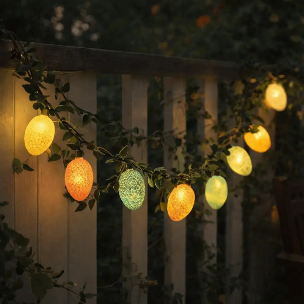 Guirnalda de luz LED en forma de ramita con huevo de Pascua de 2 m, que incluye una cadena de luces LED con textura translúcida en tonos cálidos de amarillo, naranja y verde con forma de huevo.