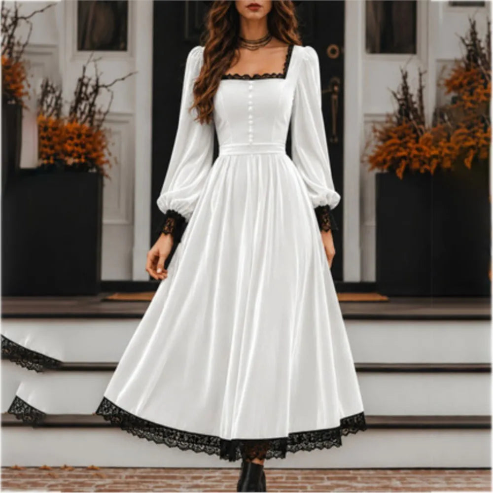 New Autumn Winter Women Velvet Party  Midi Dress Square Neck Puff Long Sleeve Black Lace Hem Button Front Vintage A Line Dresses