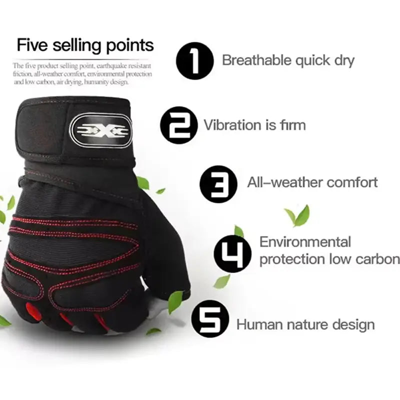 Black and red weight lifting gloves with wrist wrap feature reinforced stitching and a branded logo on the wrist strap visible on the back side.