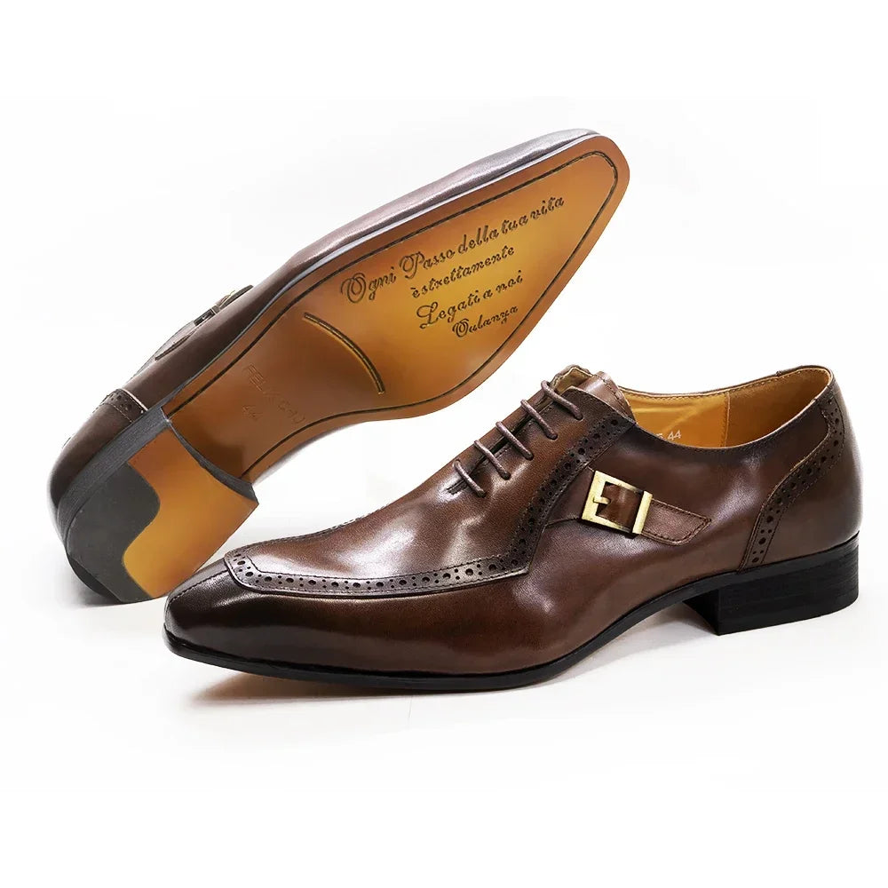 Men's Dress Shoes Size 39-46 Genuine Leather Pointed Toe Lace-Up Oxford Brogue Buckle Business Wedding Company Shoes