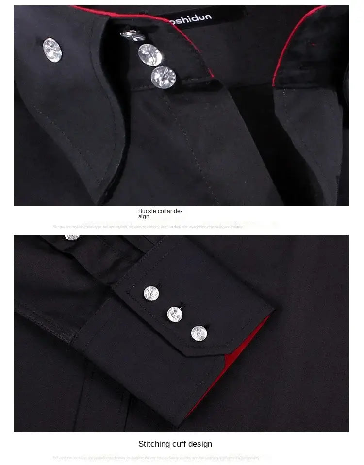 Men slim fit long sleeve dress shirt in black with red trim and silver buttons.